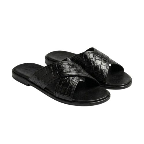 Black Glossy Croc Embossed Cross Strap Slides