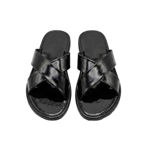 Premium Black Patent Leather Crossover Slide Sandals
