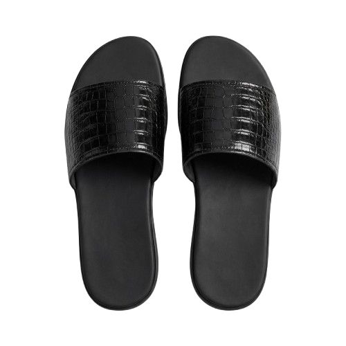 Black Crocodile Embossed Casual Slide Sandals