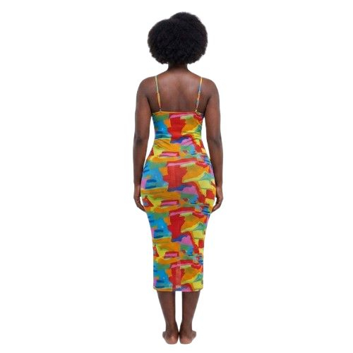 Multicolor Bodycon Midi Dress Spaghetti Strap Printed Dress