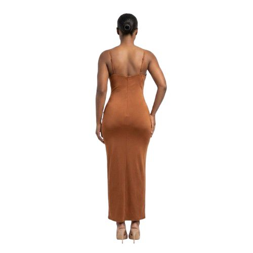 Caramel Cowl Neck Bodycon Midi Dress Sleek Spaghetti Strap Dress