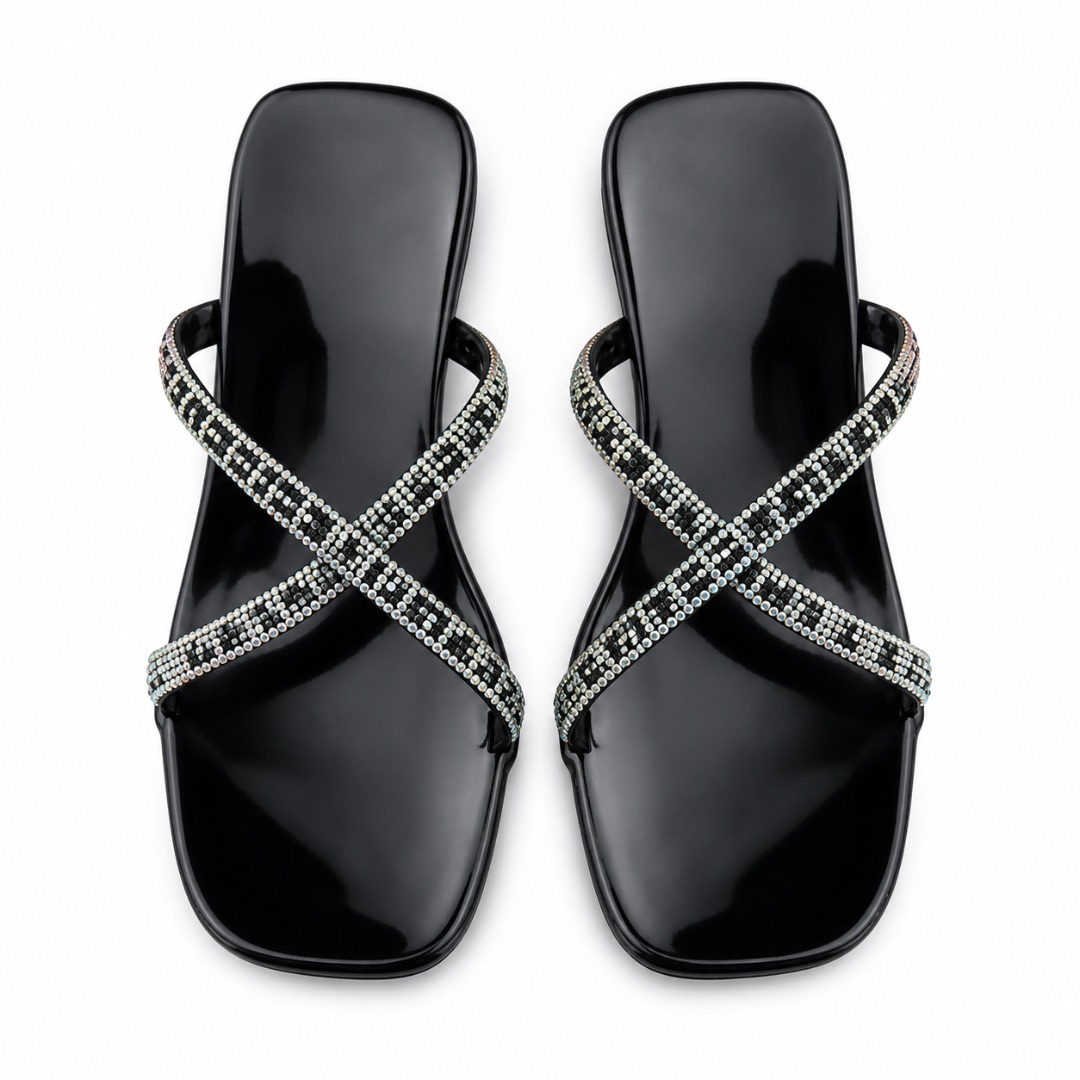 Womens Luxury Rhinestone Cross Strap Flat Slide Slippers (Black)