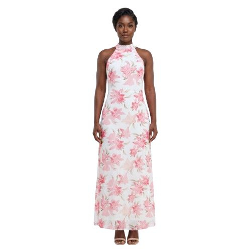 White & Pink Floral Midi Dress  Halter Neck Elegant Summer Dress