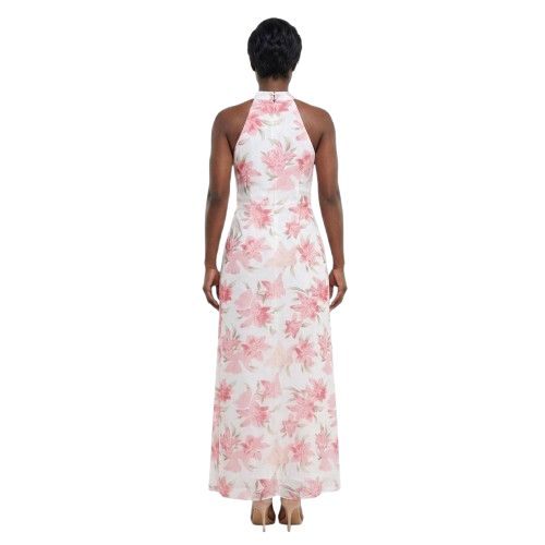 White & Pink Floral Midi Dress  Halter Neck Elegant Summer Dress