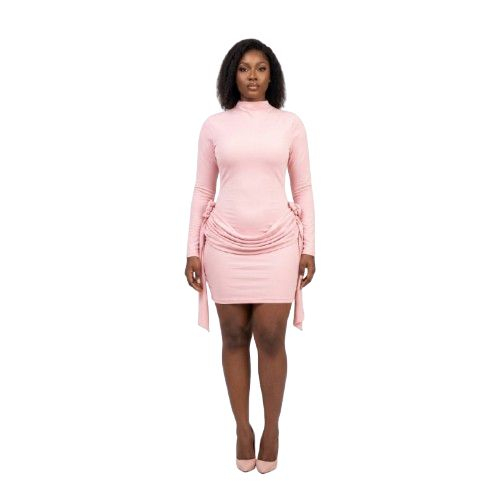 Pink Ruched Bodycon Mini Dress Long Sleeve High Neck Dress