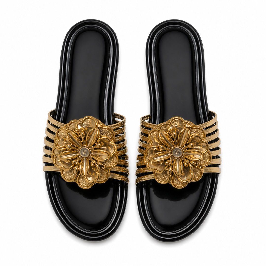 Womens Luxury Black and Gold Slide Sandals