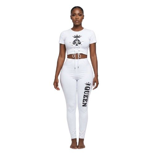 White Lace Up Crop Top & Leggings Set  Queen Print Two Piece Outfit