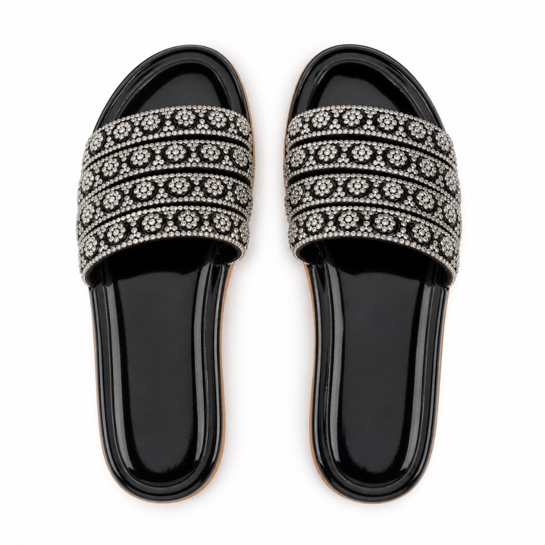 Womens Luxury Rhinestone Multi Strap Flat Slide Sandals