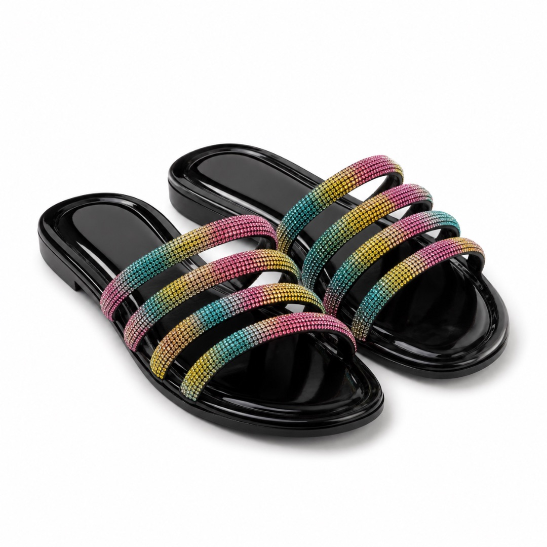 Black Multicolor Rhinestone Strap Slide Sandals