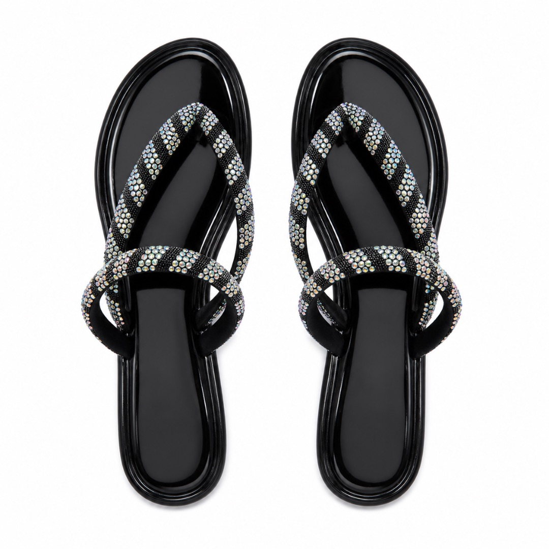 Black Multicolor Rhinestone Toe Post Sandals