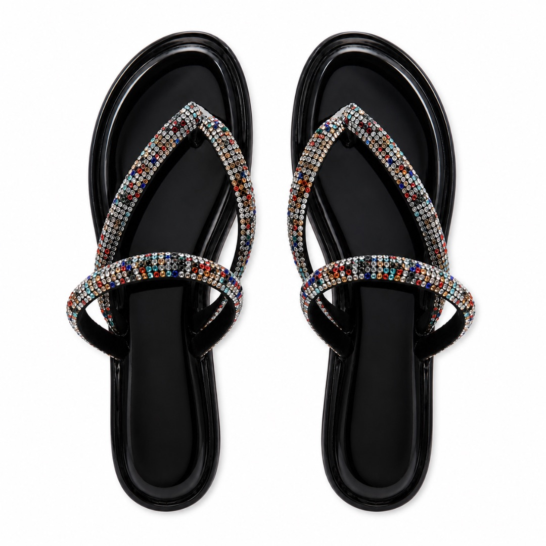 Womens Multicolor Rhinestone Strap Flat Slide Sandals