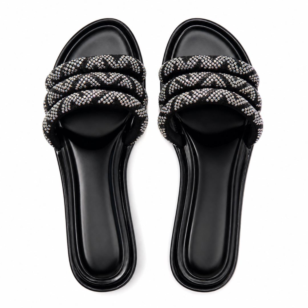Womens Luxury Rhinestone Multi Strap Flat Slide Sandals (Black)