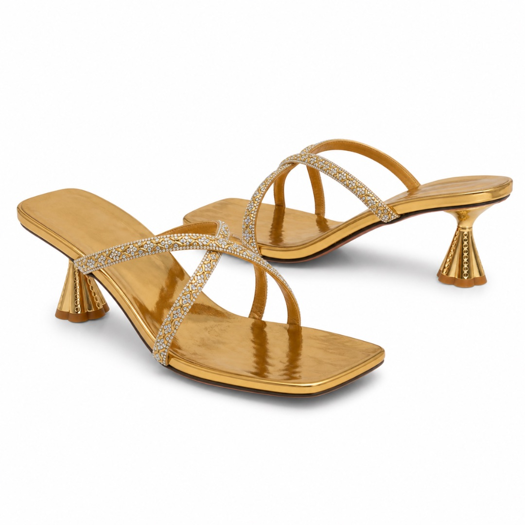 Womens Luxury Gold Rhinestone Cross Strap Heeled Sandals