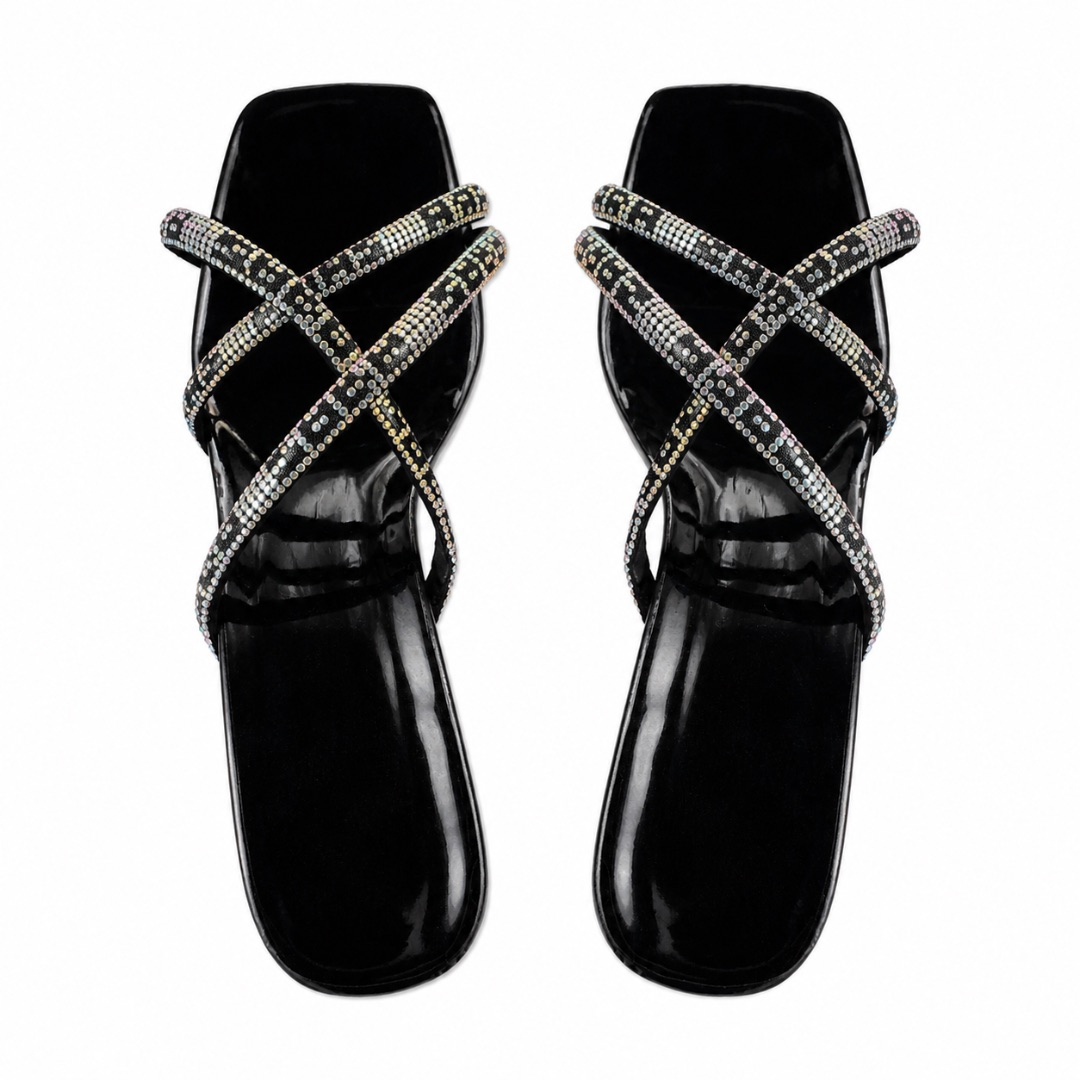 Womens Luxury Rhinestone Cross Strap Flat Slide Slippers (Black)