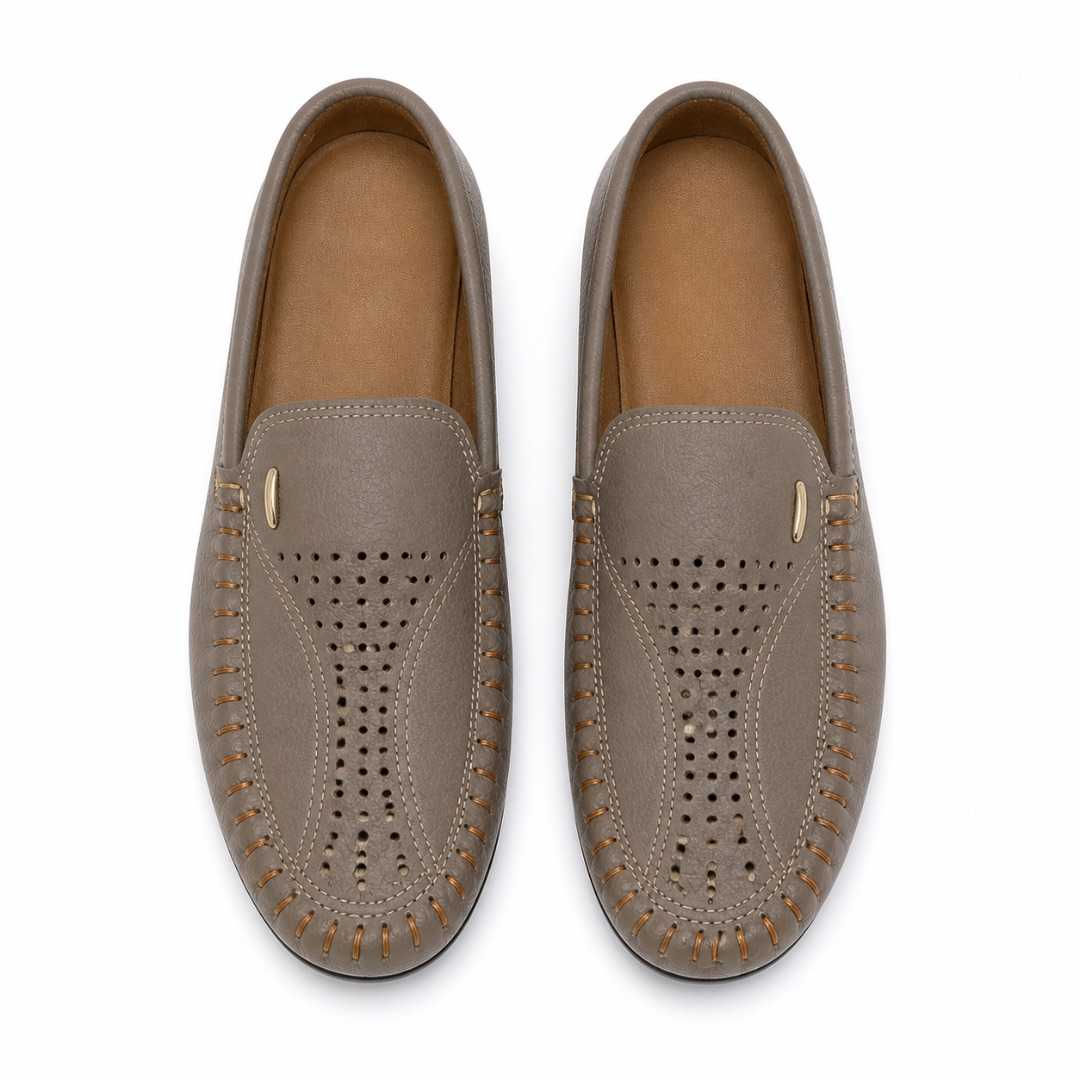 Taupe Perforated Leather Loafers