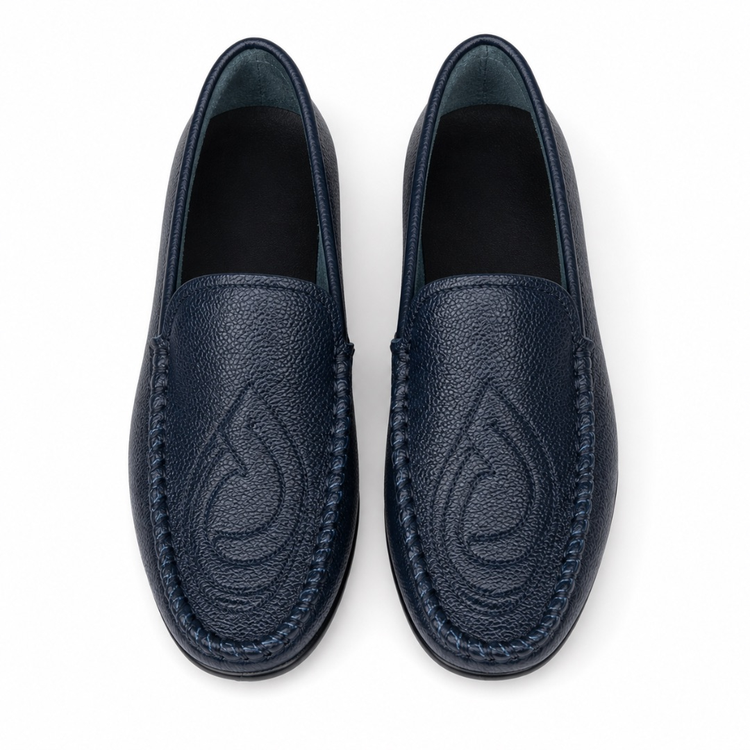 Navy Blue Textured Leather Loafers