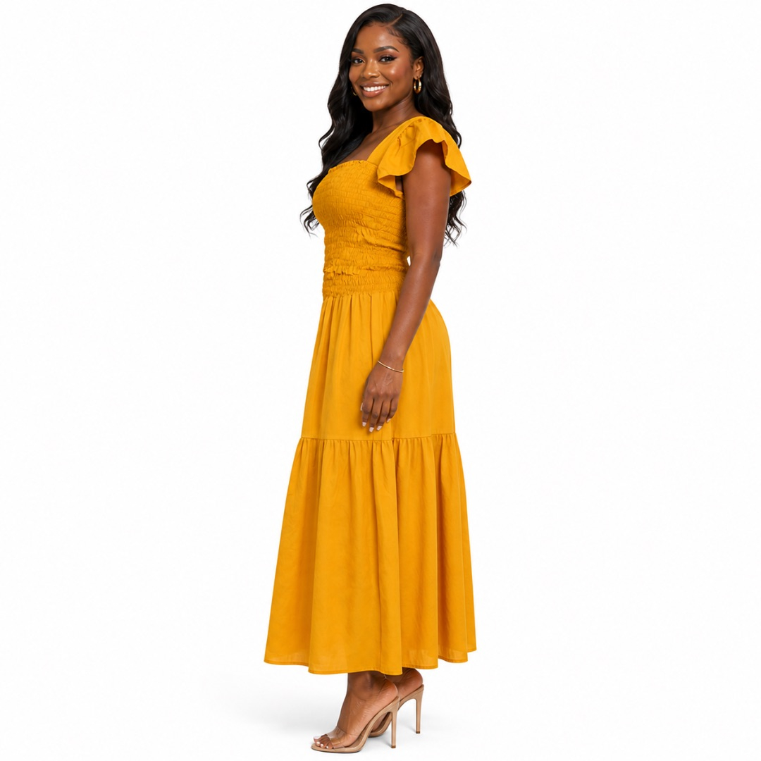 Mustard Smocked Off Shoulder Maxi Dress       Flowy Ruffle Sleeve Summer Outfit