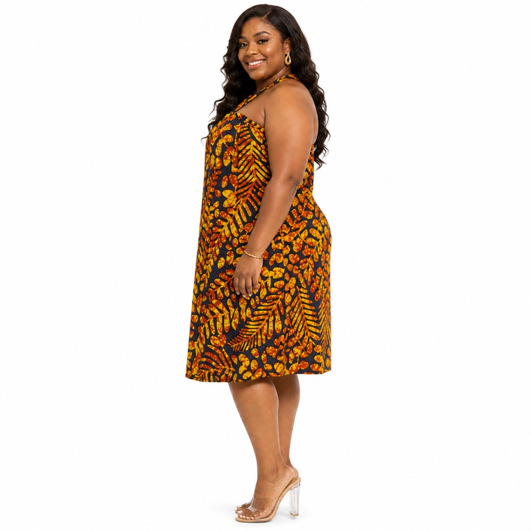 Ankara Print Halter Neck Midi Dress       Bold African Pattern Sleeveless Outfit