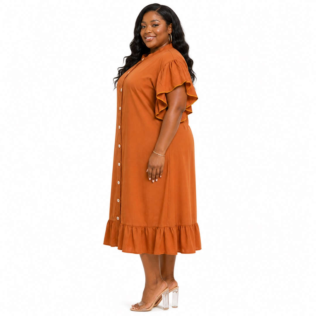 Rust Button Down Midi Dress      Ruffle Sleeve Relaxed Fit Casual Outfit