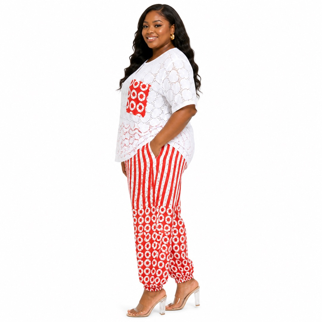 White Eyelet Lace and Ankara Two Piece Set        Short Sleeve Top and Patterned Trousers