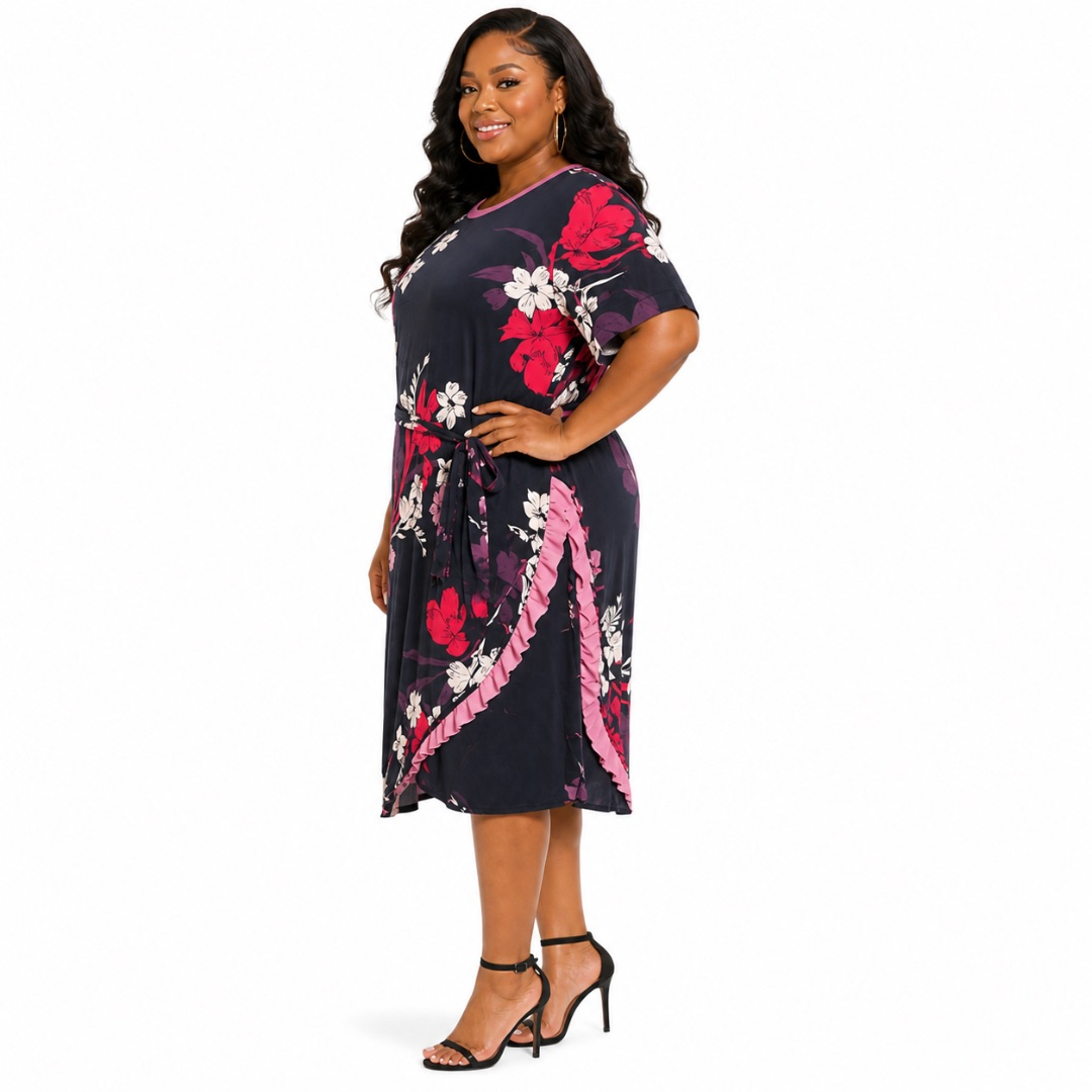 Black Floral Wrap Midi Dress       Ruffle Trim Tie Waist Elegant Outfit
