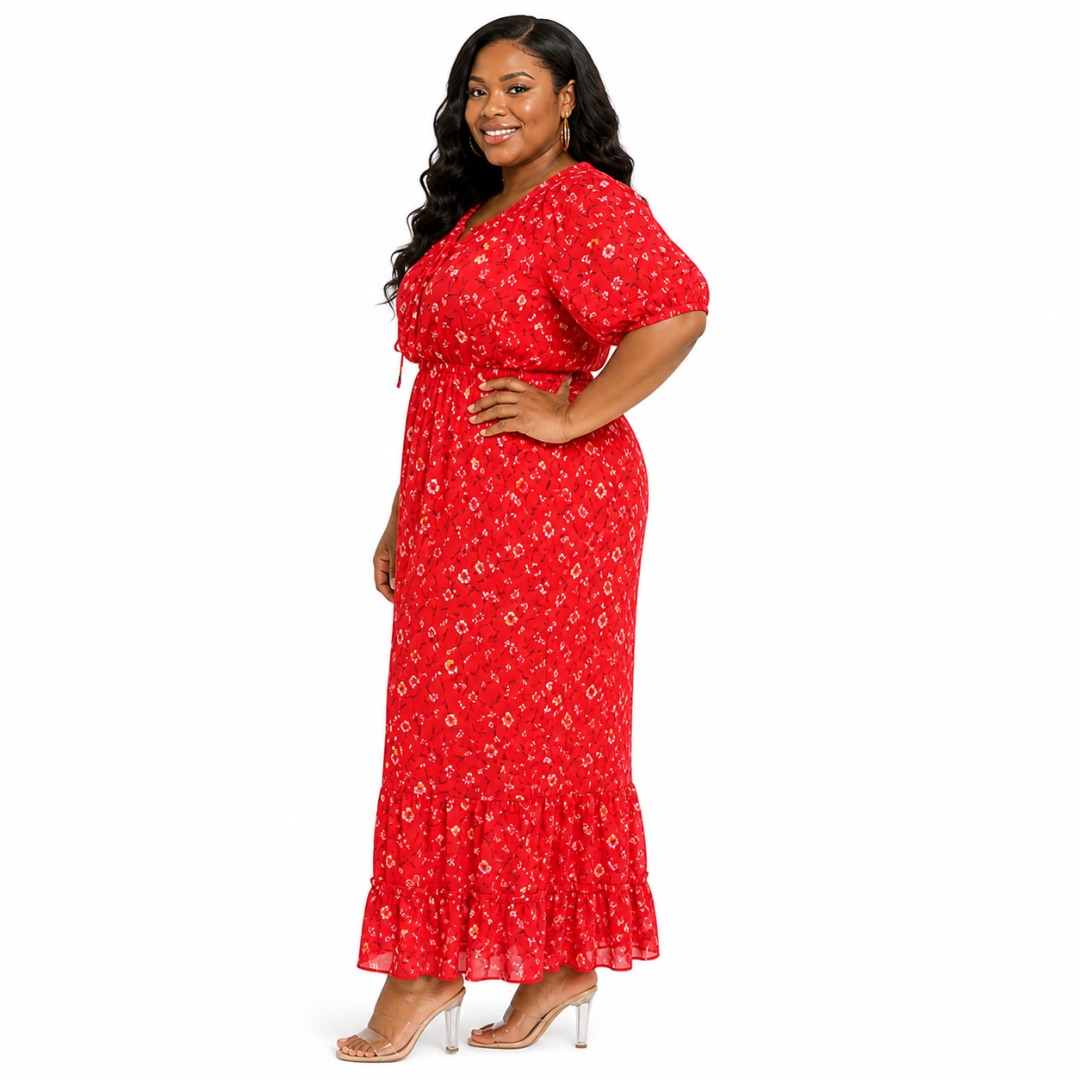 Red Floral Maxi Dress     Puff Sleeve Ruffle Hem Elegant Casual Outfit