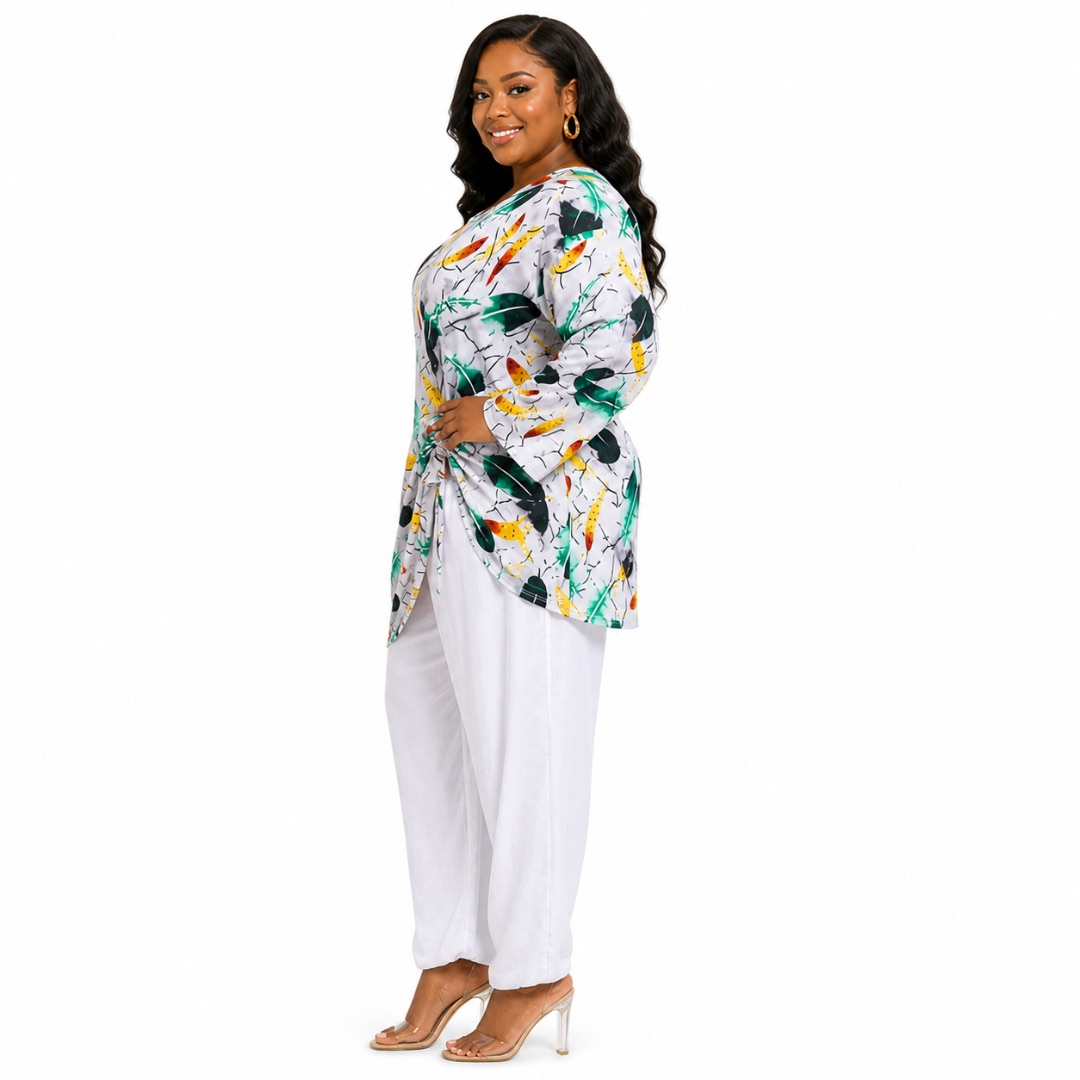 Abstract Print Wrap Top and White Trouser Set        Long Sleeve Elegant Two Piece Outfit