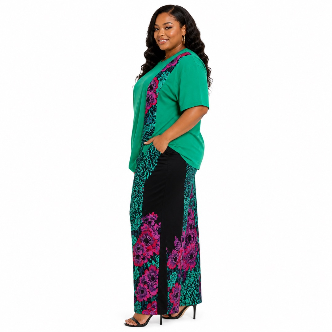 Green Contrast Panel Top and Floral Wide Leg Trouser Set       Casual Chic Two Piece Outfit