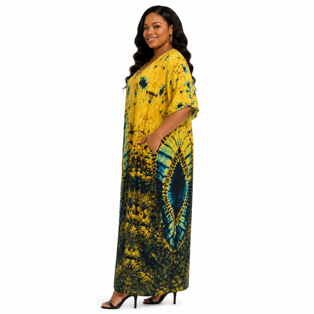 Yellow Tie Dye Kaftan Maxi Dress       Relaxed Fit African Print Boubou Outfit