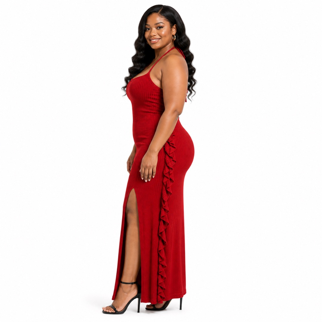 Red Ribbed Halter Neck Maxi Dress      Side Slit Ruffle Detail Bodycon Outfit