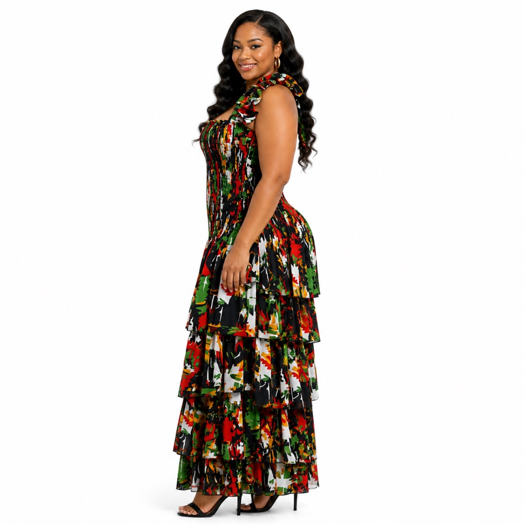Multicolor Floral Tiered Maxi Dress       Ruffle Sleeve Smocked Elegant Outfit