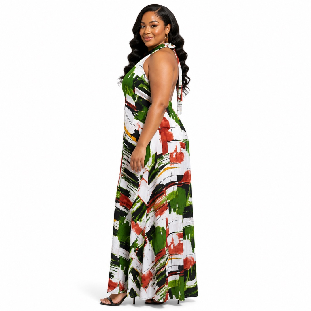 Abstract Print Halter Maxi Dress       Multicolor Flowing Sleeveless Elegant Outfit