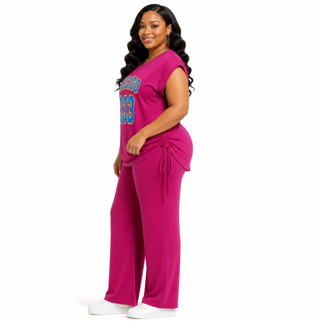 Pink Graphic Lounge Set       Ruched Side Two Piece Outfit