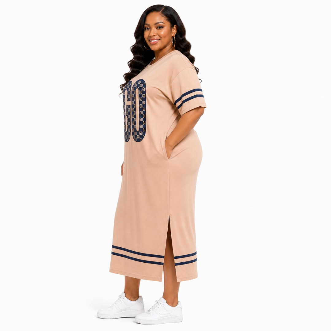 Beige Graphic Midi Dress       Sporty Stripe Sleeve Casual Outfit