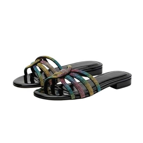 Multi Color Crystal Rainbow Strap Slide Sandals