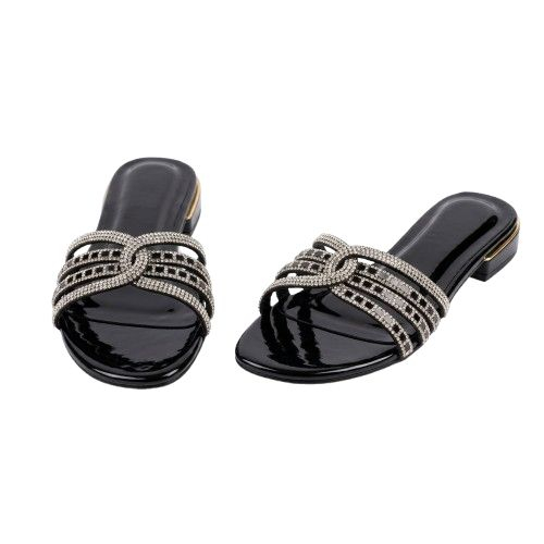 Intricate Crystal Mesh Strap Slide Sandals