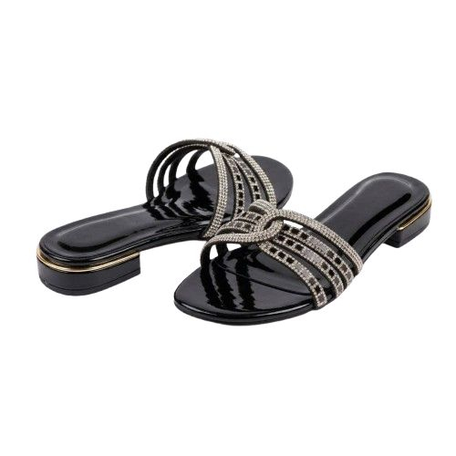 Intricate Crystal Mesh Strap Slide Sandals