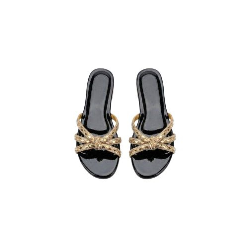 Gold Crystal Embellished Mesh Strap Slide Sandals