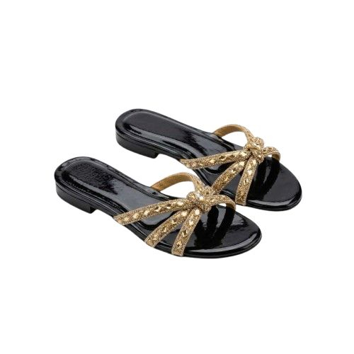 Gold Crystal Embellished Mesh Strap Slide Sandals