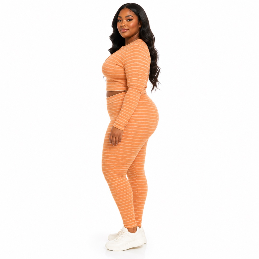 Peach Ribbed Stripe Two Piece Set       Long Sleeve V Neck Top and Fitted Leggings Outfit