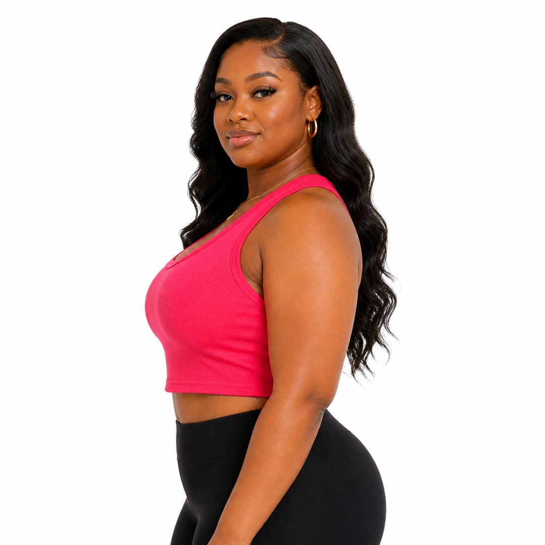 Coral Ribbed Sleeveless Crop Top     Fitted Racerback Tank