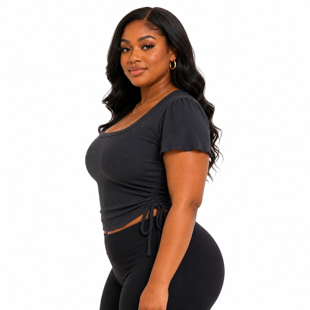 Charcoal Ribbed Side Drawstring Crop Top     Short Sleeve Square Neck Fitted Tee
