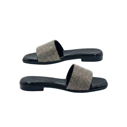 Crystal Embellished Black Slide Sandals