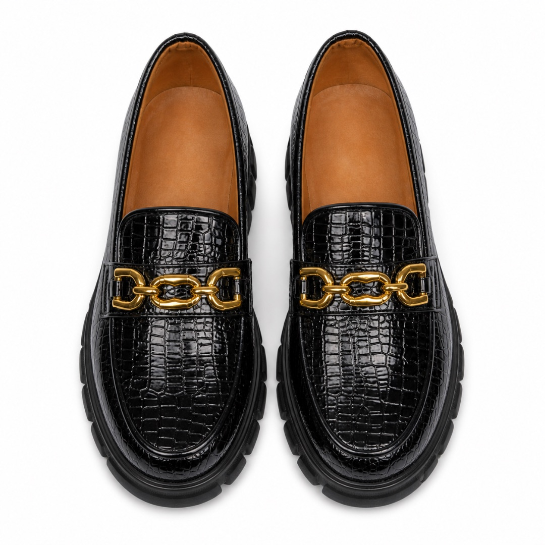Black Croc Embossed Loafers  with Gold  Chain