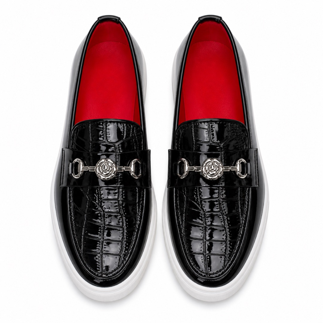 Black Croc Embossed Patent Loafers  with  Metal Detail
