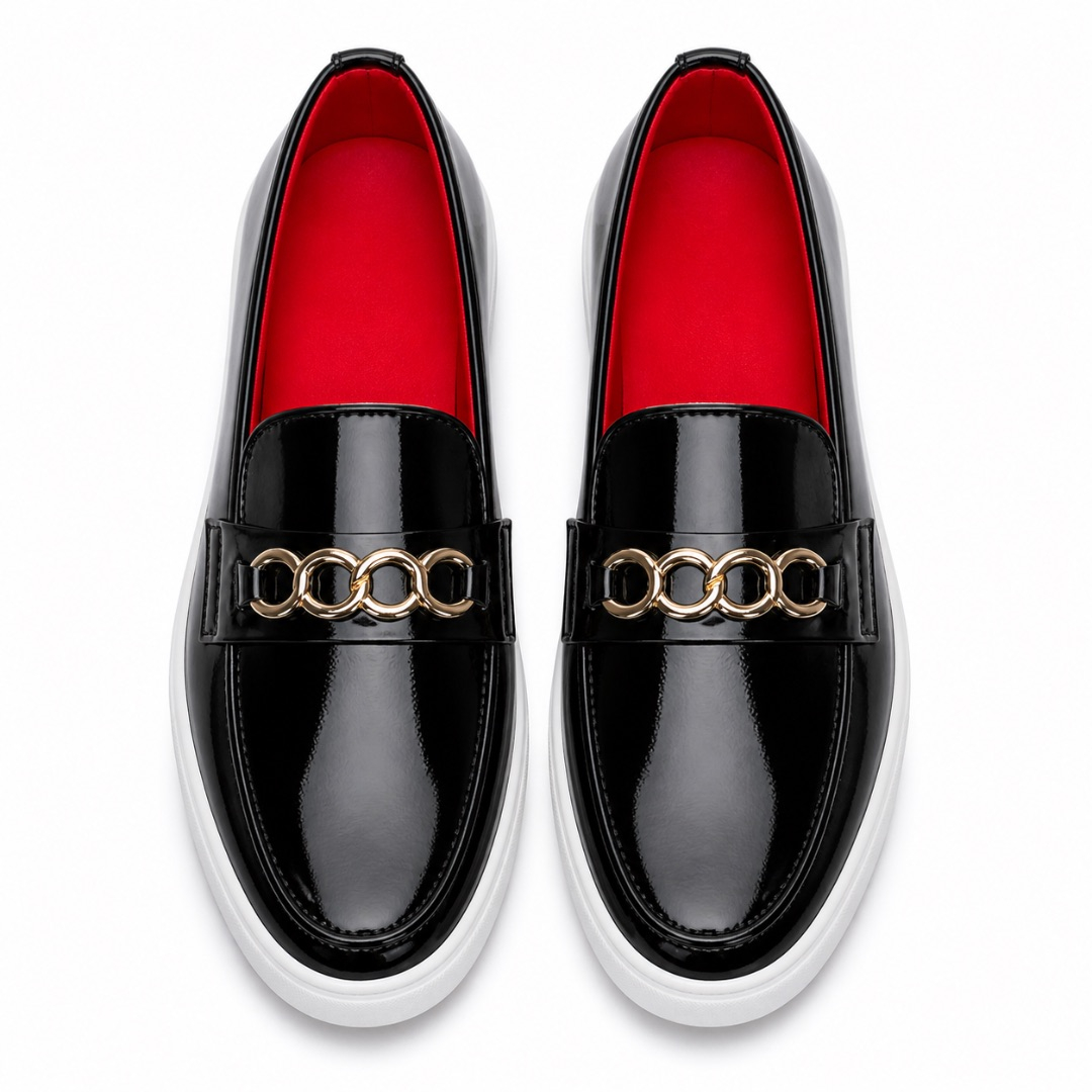 Black Patent Leather Loafers with Gold Chain Detail
