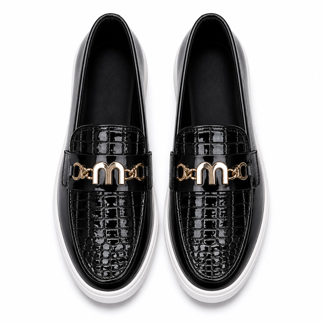 Black Croc Embossed Patent Loafers with Gold Accent