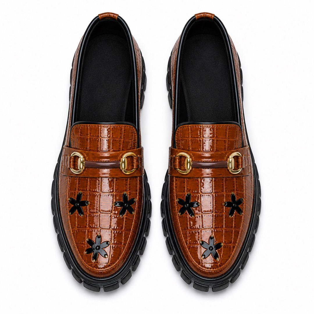 Brown Croc Embossed Loafers with Metal Detail  and  Chunky Sole