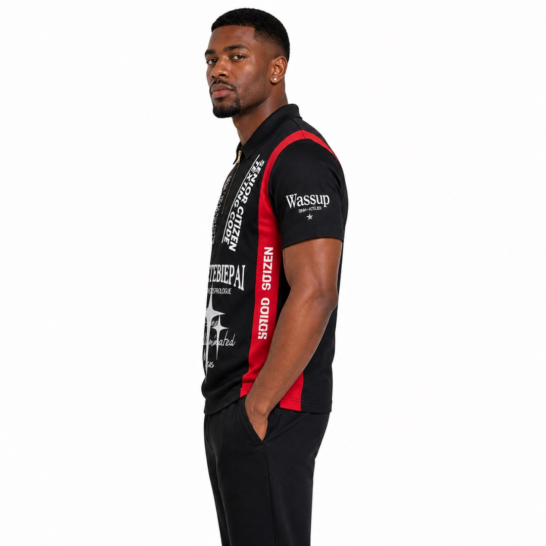 Mens Graphic Print Short Sleeve Zip Polo Shirt