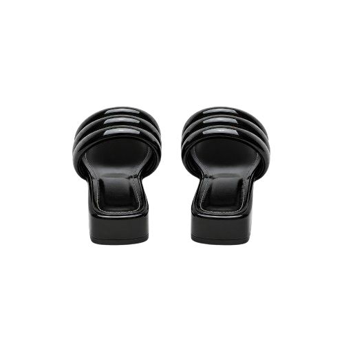 Womens Padded Triple Strap Black Patent Slides